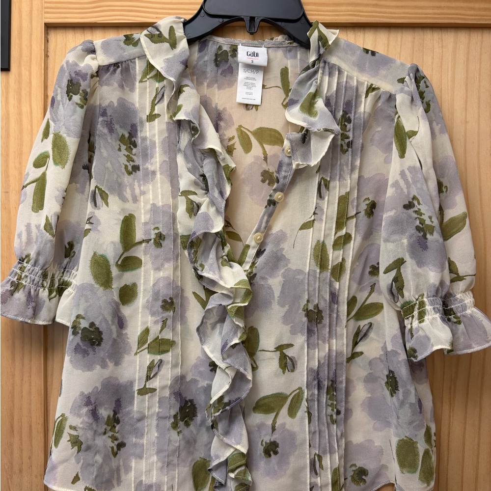 CAbi Lavender and Sage Ruffle V-Neck Blouse